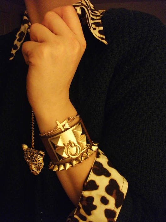 accessories -leopard pendant, bracelets - gold cross, arrow, hermes leather cuff, gold studs