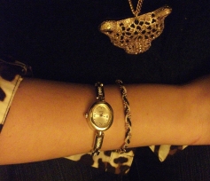 leopard gold pendant, braided bracelet, rosegold watch