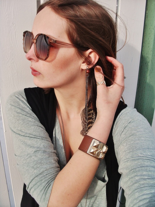 conch wooden feather earring, love ring, and hermes leather cuff